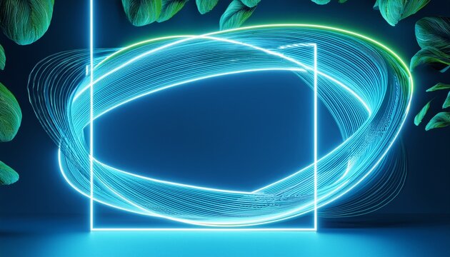 abstract minimalist linear neon frame with rounded corners against the blue background bright light leaves glowing trail 3d rendering