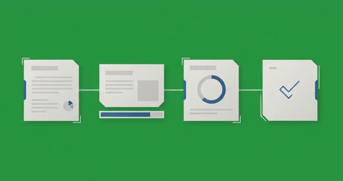 Digital document processing workflow infographic element with connected cards on green screen background