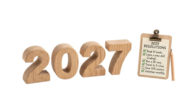 PNG wooden 2027 numbers with clipboard and resolutions list isolated on transparent background
