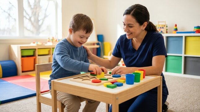 A young boy with Down syndrome works with a female therapist on a shape-sorting puzzle in a bright classroom setting to develop fine motor skills and cognitive abilities.