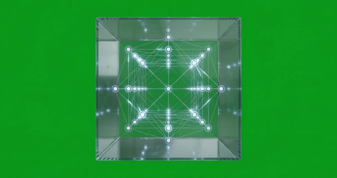 3D glass cube with glowing digital network structure inside on green screen background