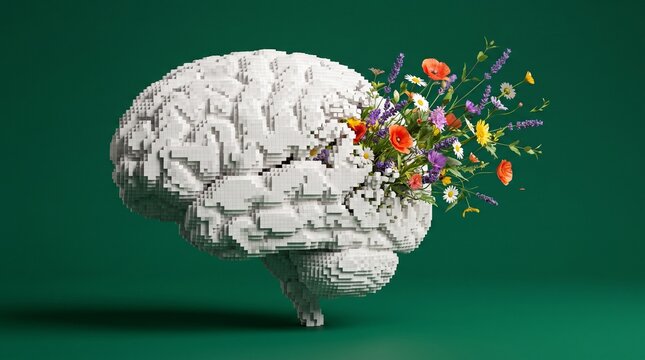 Voxel Pixel Brain Blooming Wildflowers Green Background