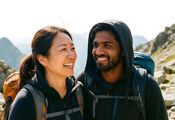 Fototapeta premium Happy diverse couple hiking in mountains, enjoying nature and outdoor adventure with backpacks, smiling and looking at each other