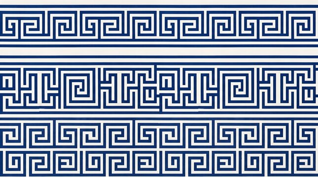 Traditional Greek meander borders, Ancient key design patterns, Classical art motifs vector set, Blue and white seamless decorative frames for ceramics and design