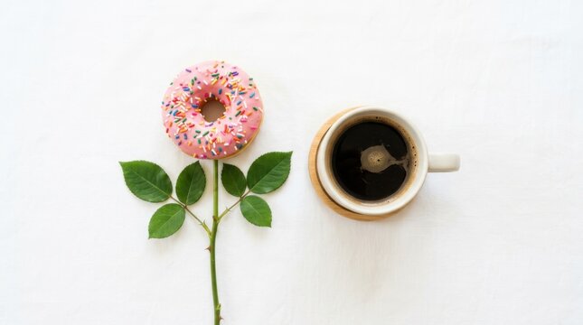 Pink frosted donut with sprinkles and a rose stem rest beside a cup of black coffee on a white surface