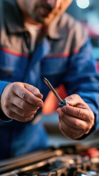 Focused mechanic inspects a small, worn screw
