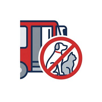 No pets allowed on public transport icon showing bus entry with prohibited dog and cat symbols in red circle sign