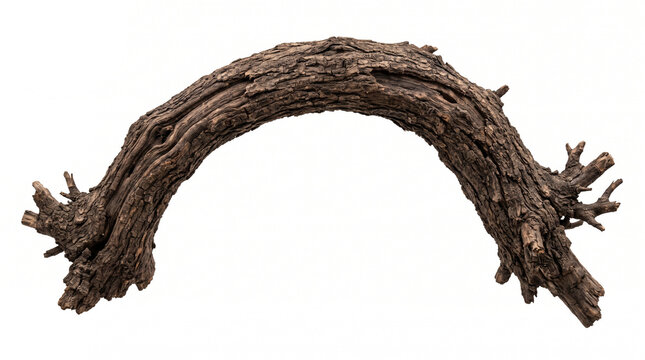Thick arching piece of dark weathered driftwood with rugged bark texture