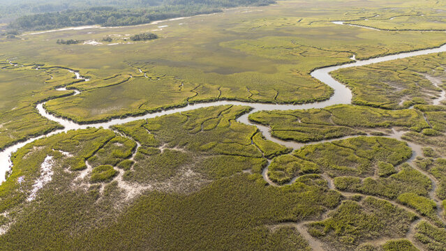 Aerial view of lowcountry marshland with winding waterways and natural patterns