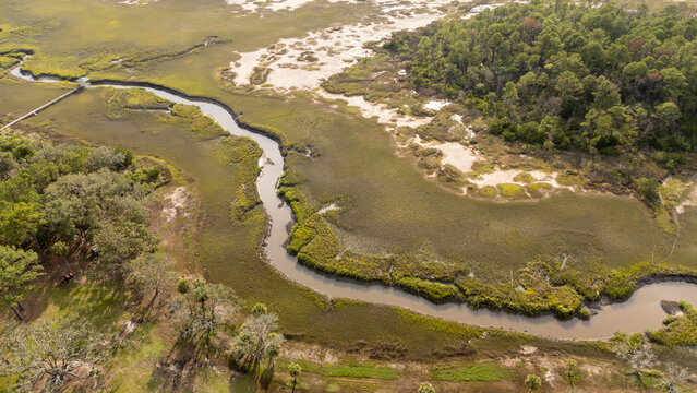 Drone view of lowcountry marsh with winding creek and surrounding vegetation