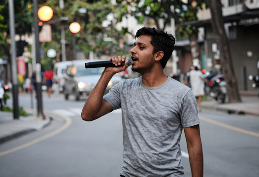 Young indian man singing into a microphone on a city street, street performance and public speaking concept, the male artist expresses passion and talent during a daytime outdoor event