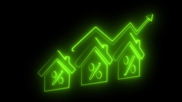 Glowing neon line House under protection icon with up arrow isolated on black background. a glowing light drawing a neon outline of houses decreasing in size. House, home building. 4K animation .