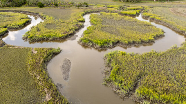 Drone captures aerial view of lowcountry wetlands during midday