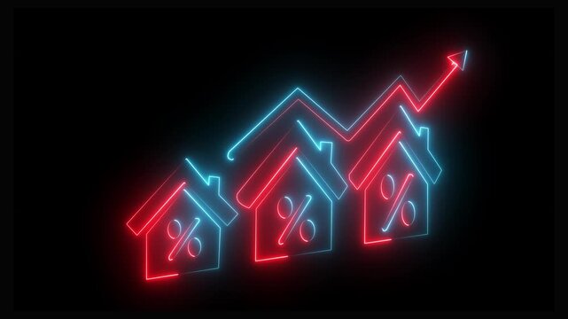 Glowing neon line House under protection icon with up arrow isolated on black background. a glowing light drawing a neon outline of houses decreasing in size. House, home building. 4K animation Video.