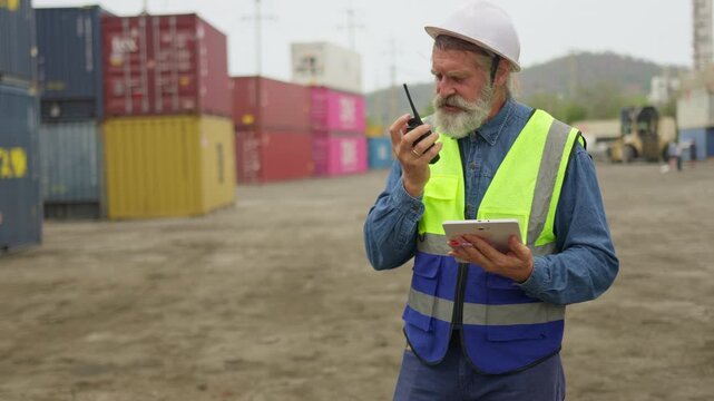 Experienced foreman coordinates shipping logistics, using a walkie-talkie and tablet to manage inventory and workflow in an industrial container yard.