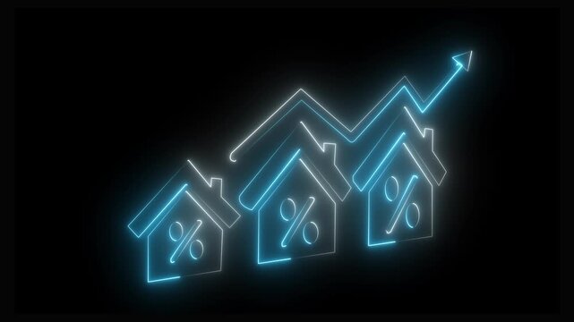 Glowing neon line House under protection icon with up arrow isolated on black background. a glowing light drawing a neon outline of houses decreasing in size. House, home building. 4K animation Video.