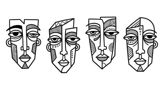 Set of four abstract hand-drawn line art human faces on white background