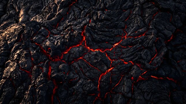 Pahoehoe lava texture with glowing cracks, volcanic molten rock surface, dark obsidian ground, red fissures
