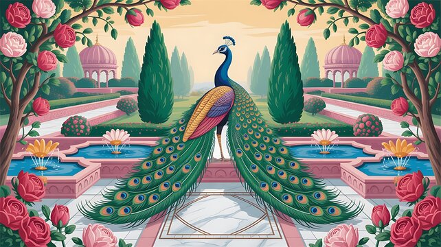 Traditional Mughal Wall Design, Mughal Arch, Peacock, Flower, Seamless Border, Dome.