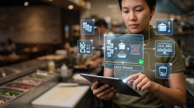 Operations Coordinator in Olive Green Turtleneck Holding Tablet with AI Restaurant Order Automation Hologram Reducing Food Waste Through Demand Aligned Preparation in Blurred Kitchen Interior