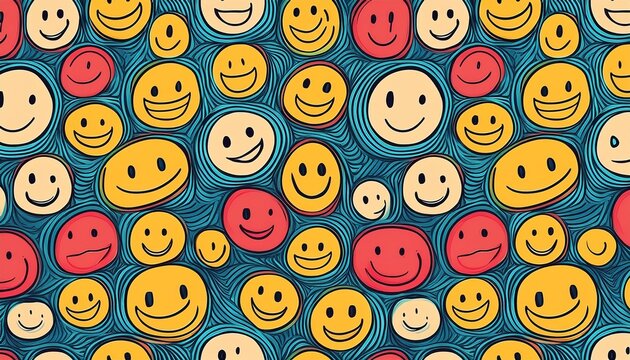 seamless pattern of hand drawn abstract smiley faces