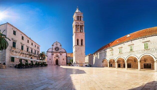 the grand st stephen s square in hvar town the cathedral the historic arsenal and elegant venetian style stone architecture croatia