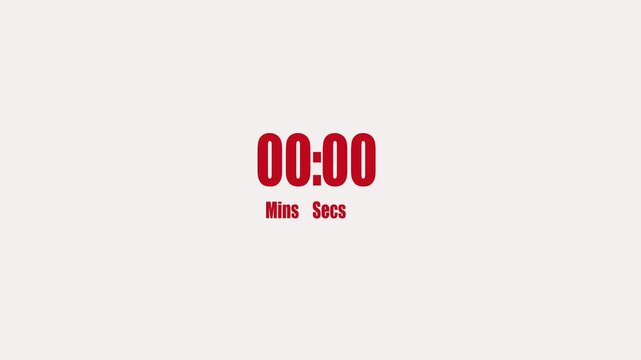 Digital clock timer in zero second to 2 minute. Red text number on isolated White background. 4K footage motion video