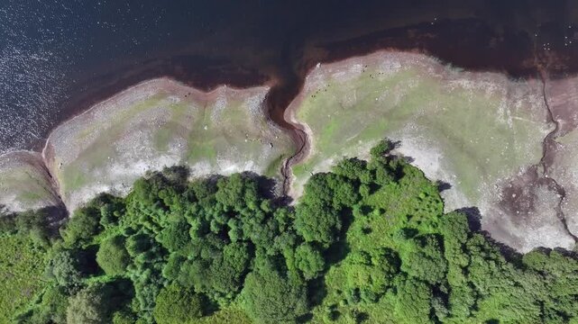 Cray Reservoir, Crai reservoir, drought, water, landscape, Swansea, Brecon Beacons, Bannau Brycheiniog, trees, aerial, drone view, top down view, countryside, outdoor, nobody, green, blue, Wales, summ