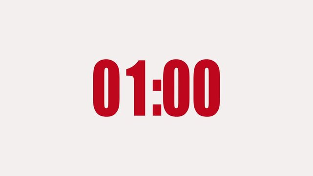 Digital clock timer in zero second to 1 minute. Red text number on isolated black background. 4K footage motion video