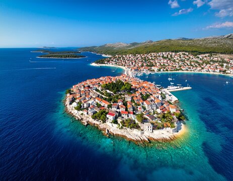 aerial view of the historic town of primosten on a peninsula surrounded by crystal clear turquoise adriatic sea dalmatia croatia