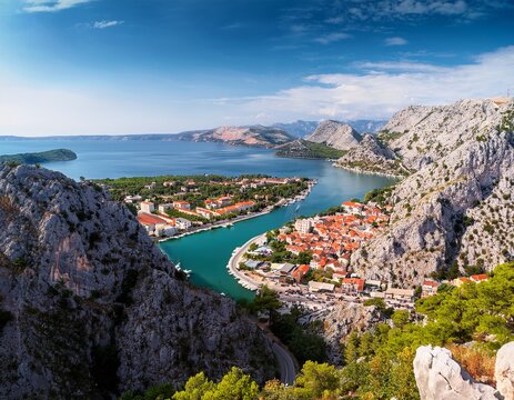 omis town and the cetina river canyon from the adriatic coastal highway scenic bay and mountains in dalmatia croatia