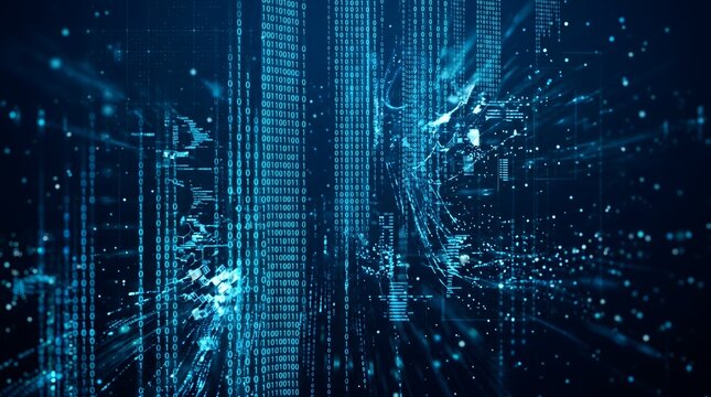 Abstract digital data matrix background with glowing vertical blue binary code streams and network particle lights