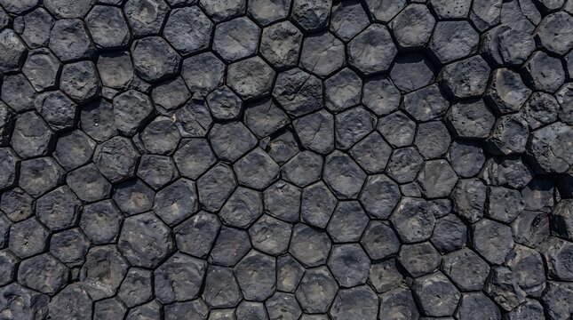 Stacked grey cobblestones texture pattern, interlocking stone pavement detail, dark hexagonal brick background, municipal urban road surface design, architectural paving material