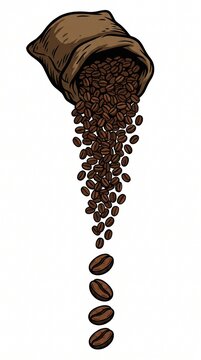 Falling roasted coffee beans pouring from a burlap sack, vintage engraved vector illustration