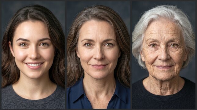 Three frontal portraits follow one woman from youth through midlife to her elder years, illustrating female aging and graceful maturity for wellness and beauty campaigns