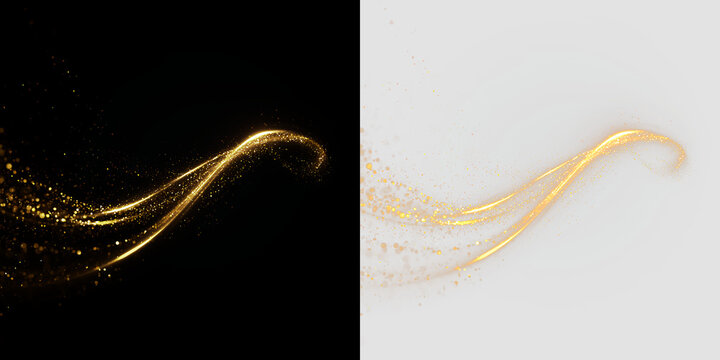 Gold lines and sparkles on a transparent background show motion and light at a creative design event