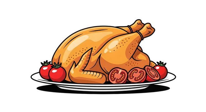 Roasted whole chicken or turkey on a plate with tomatoes vector illustration