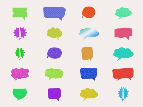 Colorful speech bubble icons with various shapes and transparent backgrounds