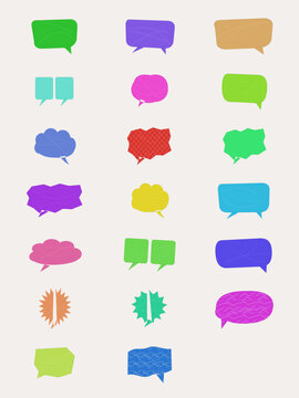 Colorful speech bubble icons with various shapes and transparent backgrounds
