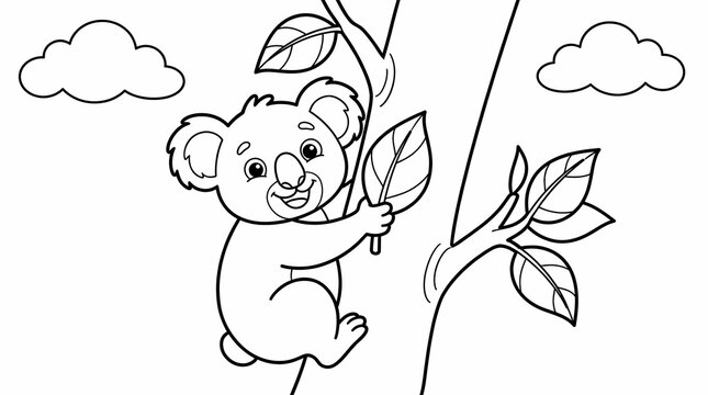 Cute cartoon koala climbing a tree for a kids coloring page.