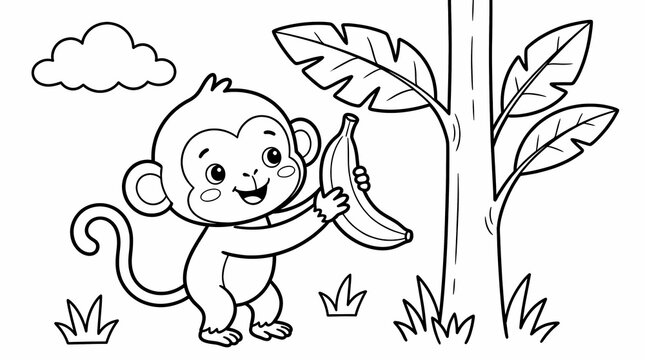 Cute cartoon monkey holding a banana in a tropical jungle, black and white coloring page for kids.