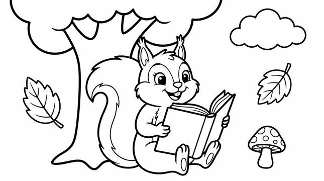 Cute cartoon squirrel sitting under a tree in the forest reading a book, black and white coloring page for children.