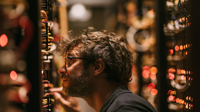 Network engineer at a telecommunications facility investigating an unusual traffic pattern occurring only during late-night hours, racks and cables visible naturally, profile