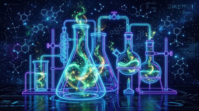 Neon lit laboratory glassware with bubbling liquids and molecular structures creates a futuristic scientific scene alembic beaker biology chemistry