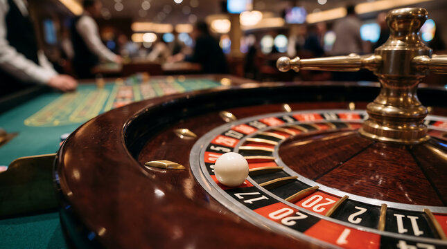 Elegant roulette table with realistic roulette wheel, colorful casino chips, green gaming felt, luxury casino interior softly blurred in background, warm dramatic lighting, premium atmosphere