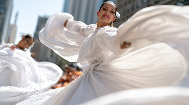 Graceful Mexican Folkloric Dancers in White Dresses Celebrating During Dia de La Raza Festival