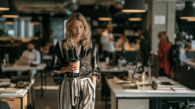 Marketing specialist arriving at work in the morning while automated email campaigns have already been prepared for review, coffee in hand, laptop open on a clean desk, realistic