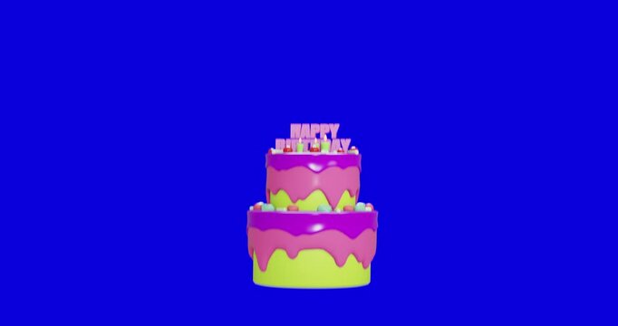 Birthday cake on blue monochrome backgraund. 3d render video. 