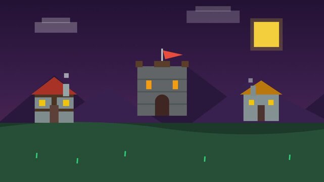 Night Village Scene Animation With Houses.