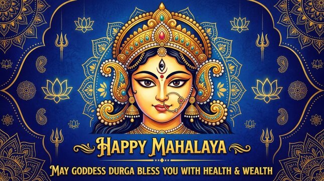 Detailed illustration of goddess durga s face features ornate jewelry and a vibrant blue background hinduism deity divine portrait